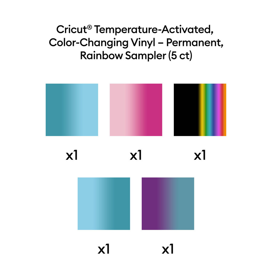 cricut temperaturaktivierte farbwechselnde vinylfolie – permanent regenbogen-probierpackung – 12 zoll x 12 zoll 5 stück